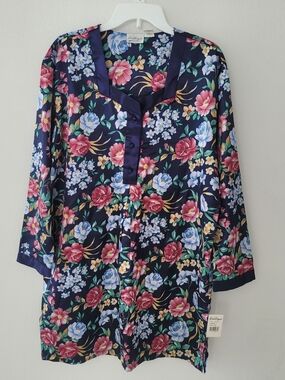 Floral Satin Nightshirt - Navy with Pink & Blue Blooms Size L